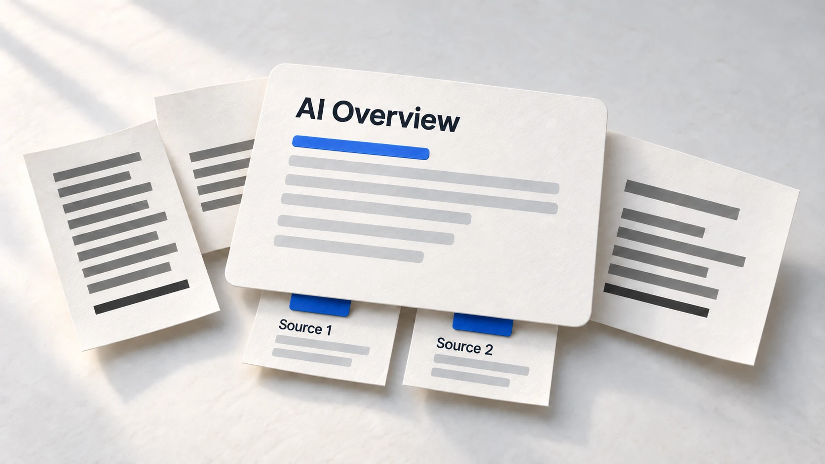 Paper model of an AI search answer with visible source slips above search results.