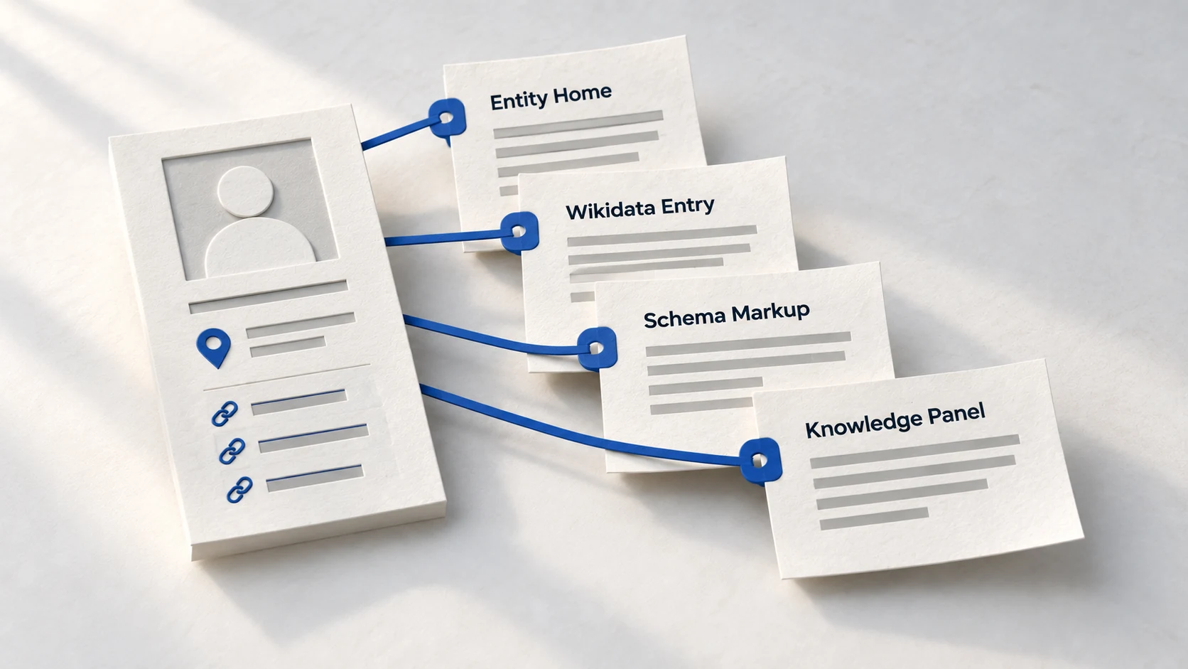 A knowledge-panel form assembled from corroborating identity slips beside search results.
