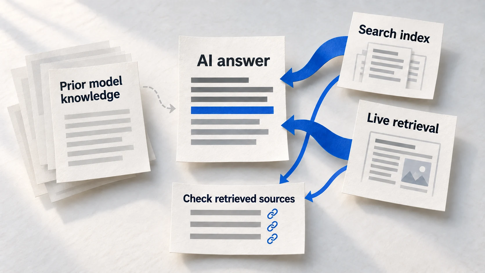 Three paper source channels—training material, search index and live retrieval—feed an AI answer followed by a source check.