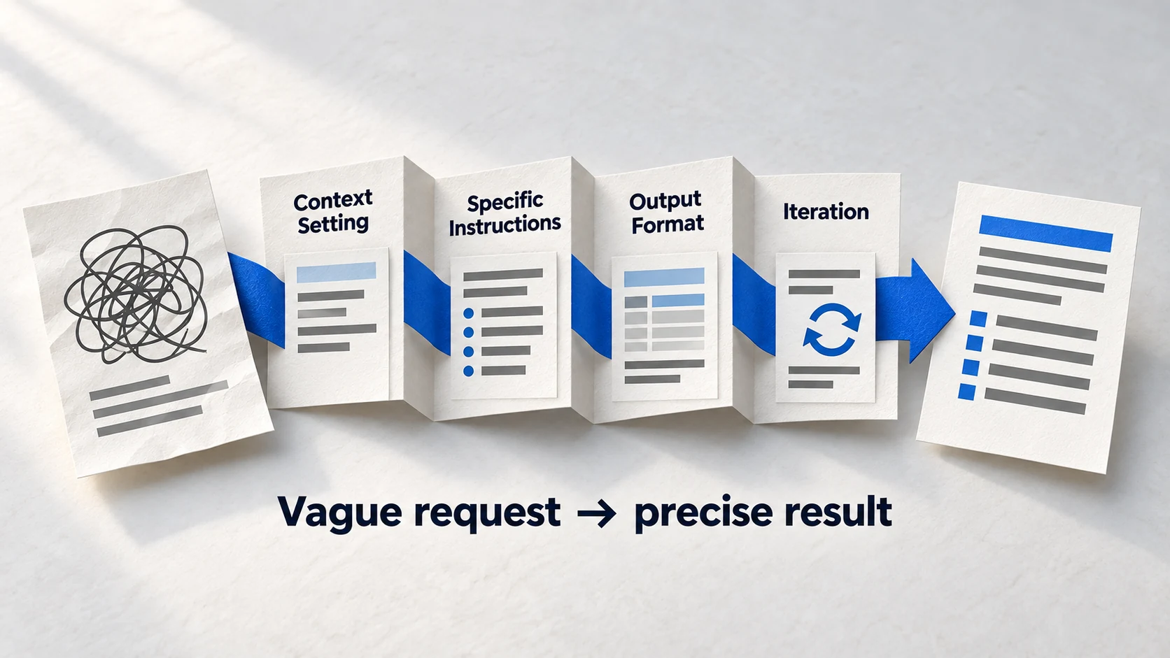 Paper process showing context, specific instructions, output format and iteration refining a vague prompt into a more precise result.