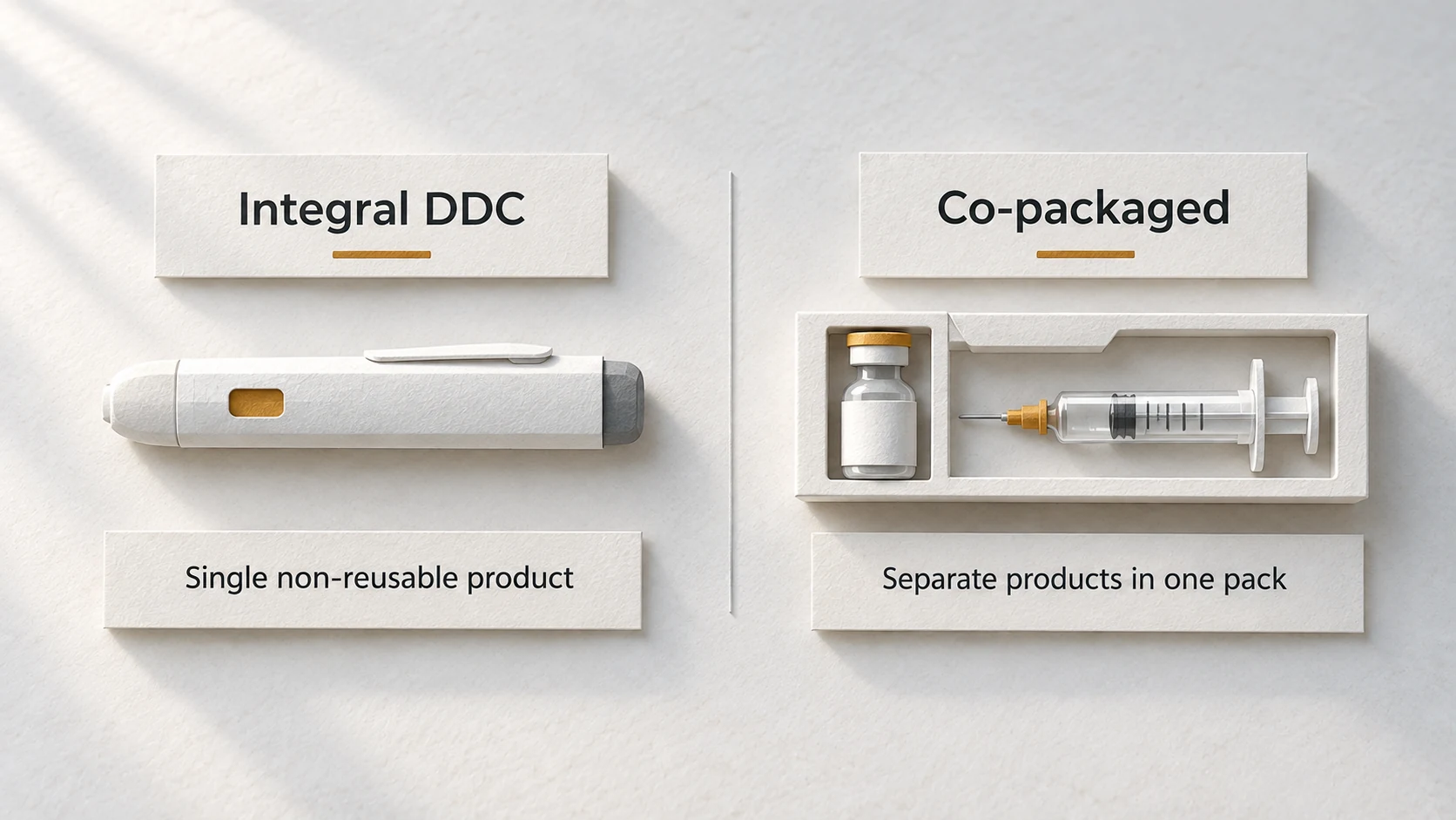 Integral and co-packaged drug-device combinations compared side by side.