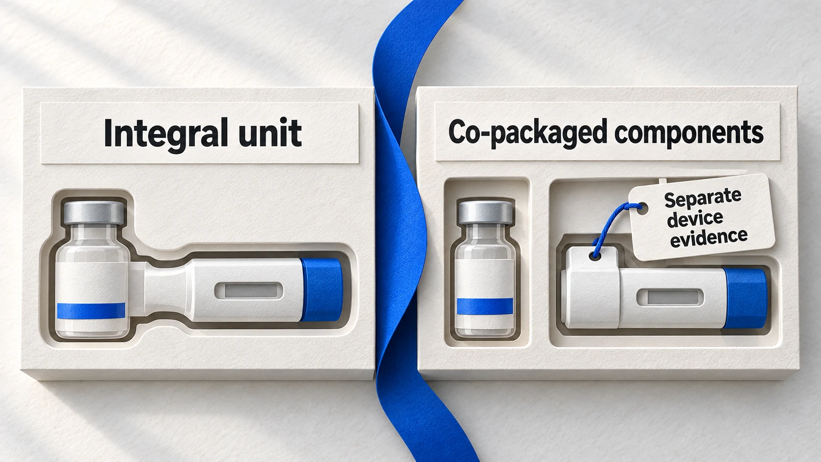 Paper cross-section comparing one integral medicine-device unit with two separate co-packaged components and a device evidence tab.