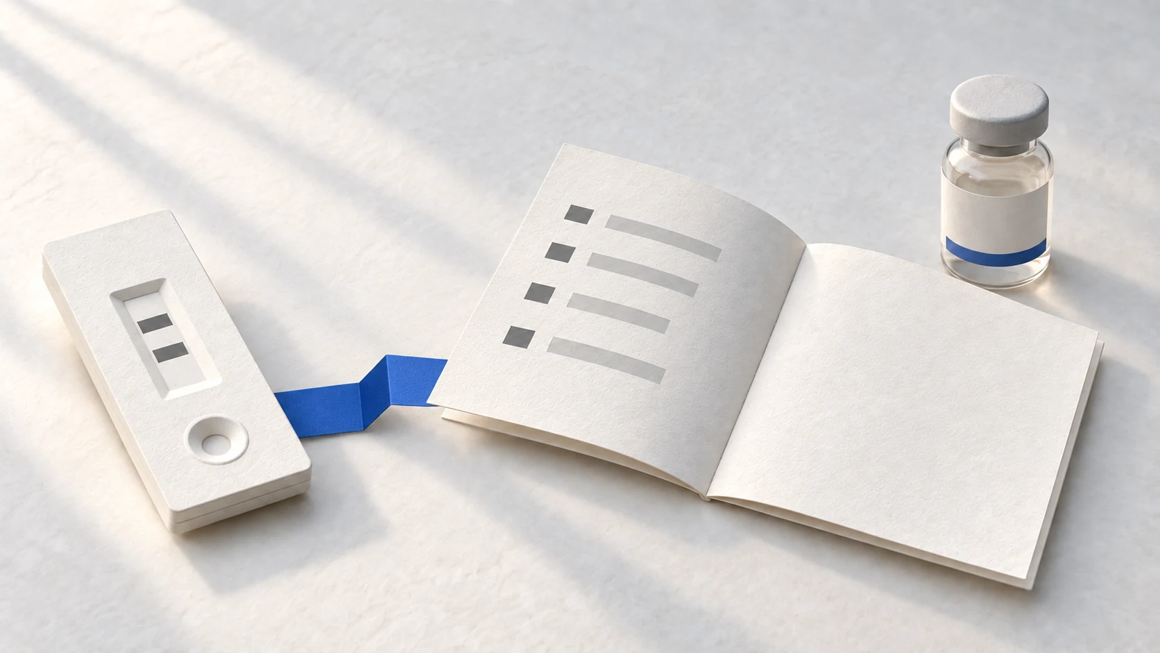 Diagnostic test cartridge, therapy vial, and consultation dossier on a porcelain bench.