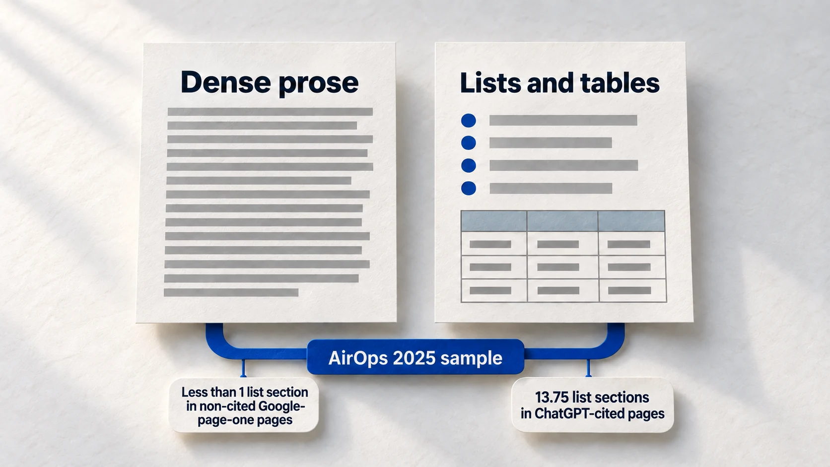 Paper comparison of dense prose with lists and tables; the AirOps sample labels 13.75 list sections for ChatGPT-cited pages and fewer than one for non-cited Google page-one pages.