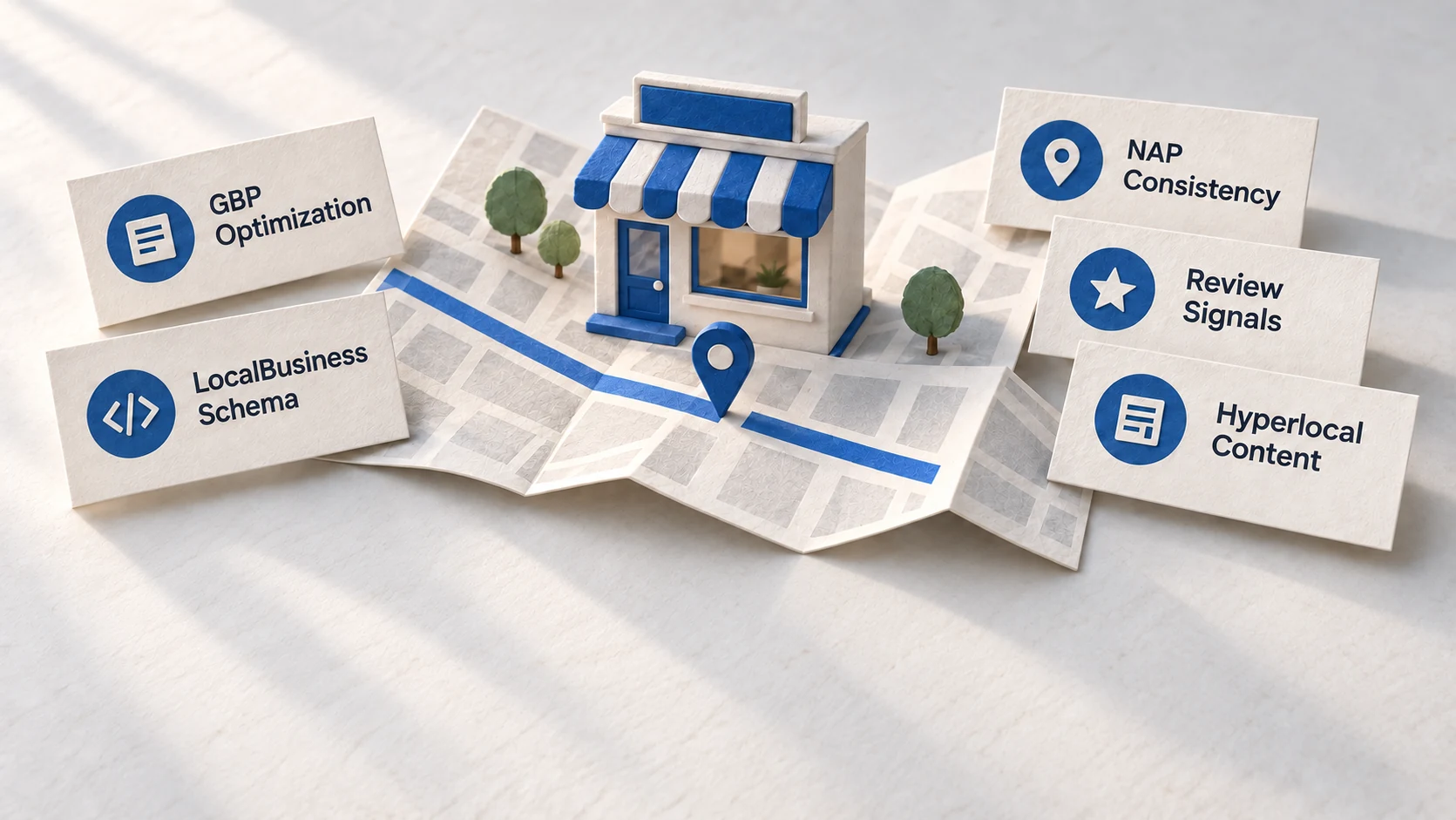 Small shopfront on a paper neighborhood map with five local visibility signals.