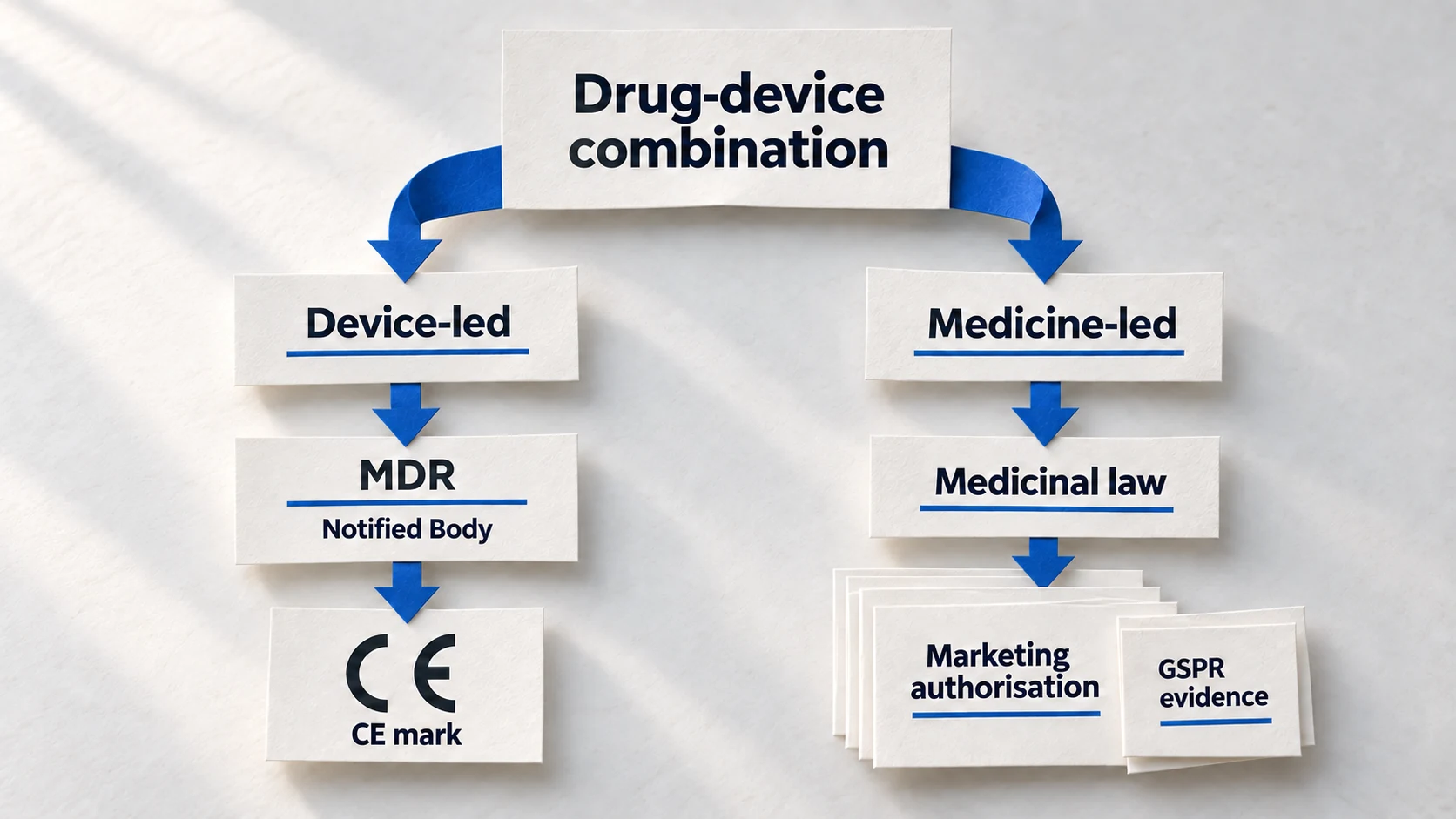 Paper classification diagram showing distinct device-led MDR and medicine-led medicinal-law routes for drug-device combinations.