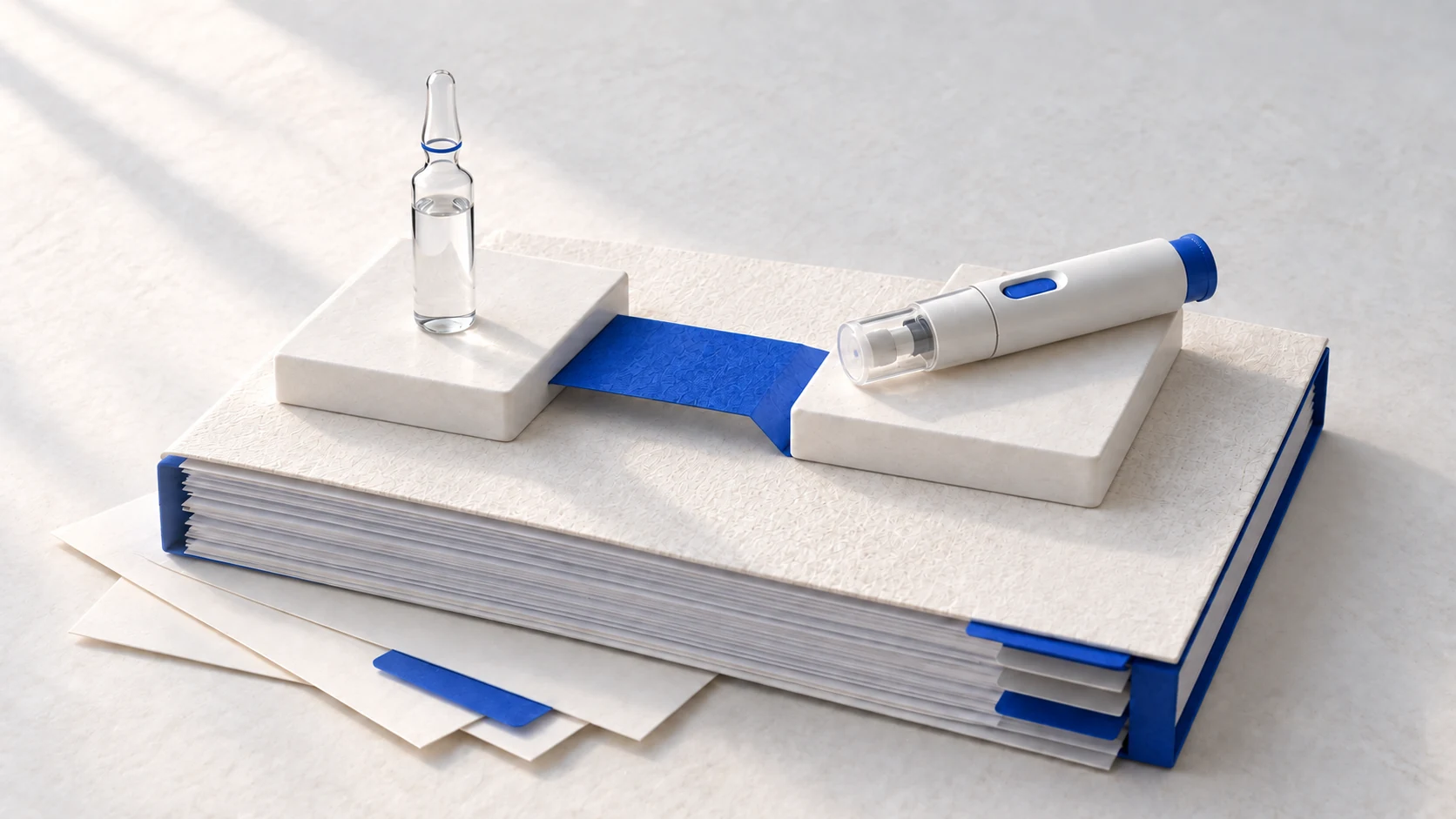 Medicine ampoule and device applicator beside an MDR documentation folio.