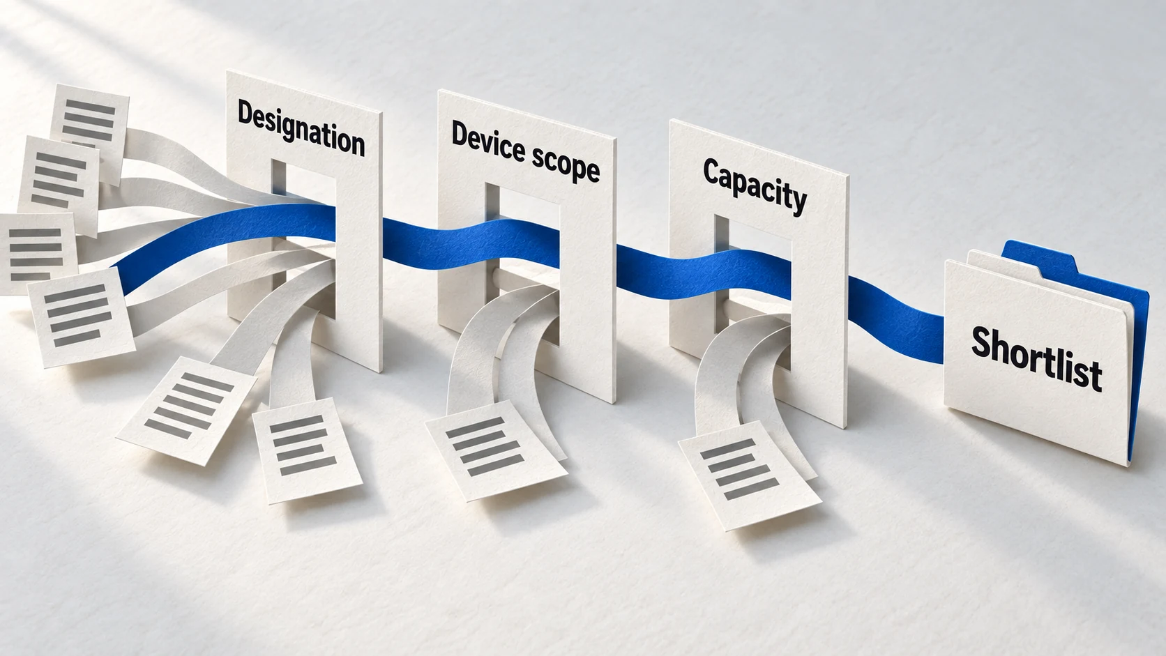 Paper maze showing designation, device-scope and capacity checks narrowing notified-body options to a shortlist.