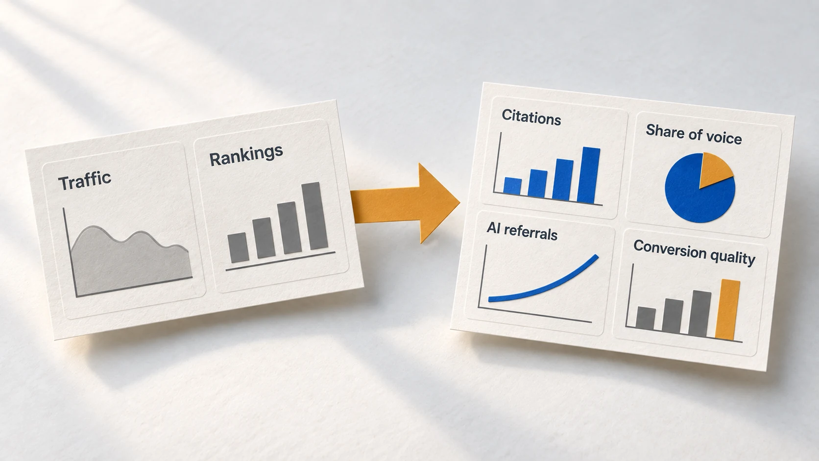Traditional traffic and ranking metrics alongside AI citation and conversion measures.