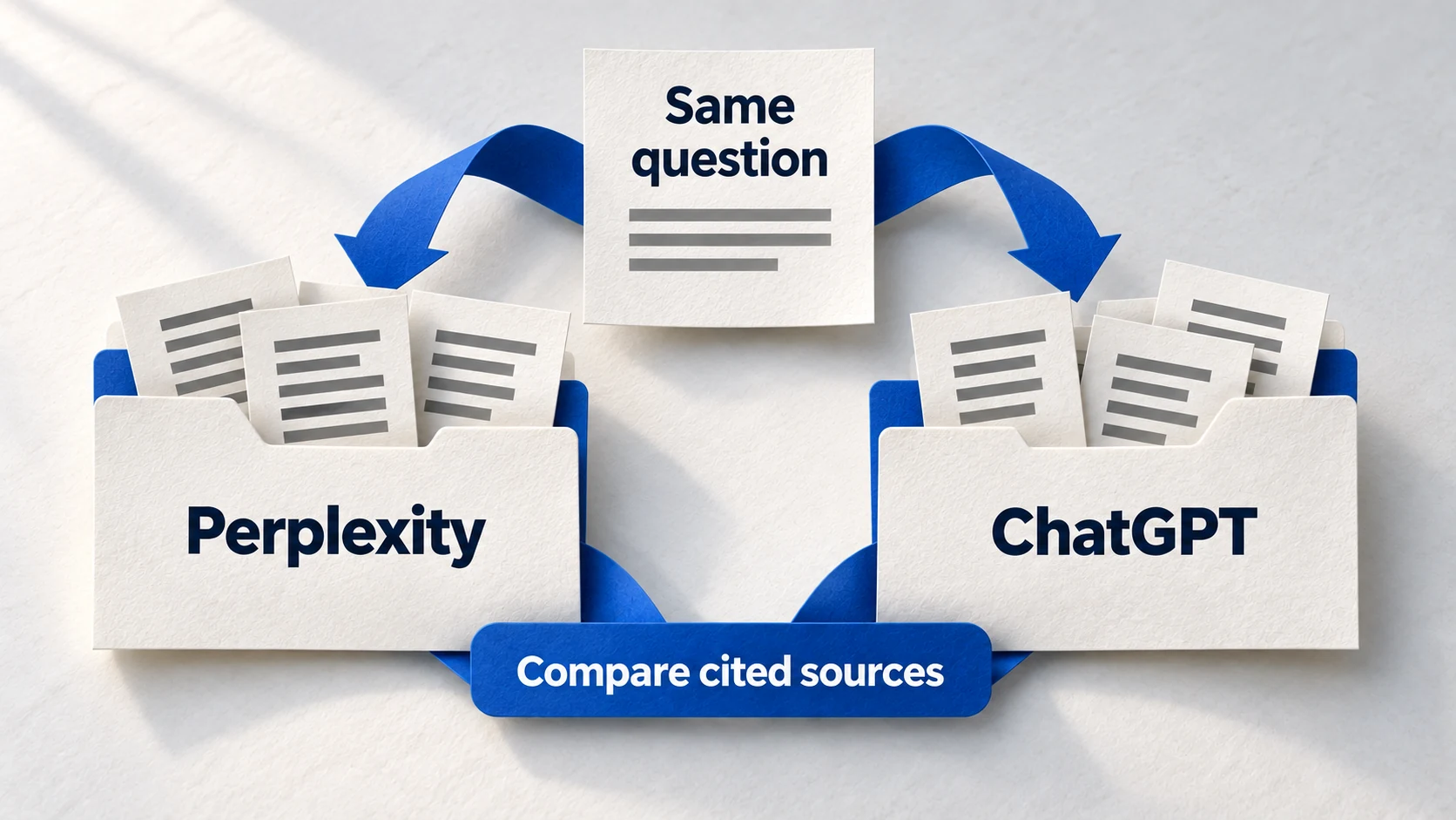 Two paper AI-answer folders for the same question invite a comparison of cited sources in Perplexity and ChatGPT.