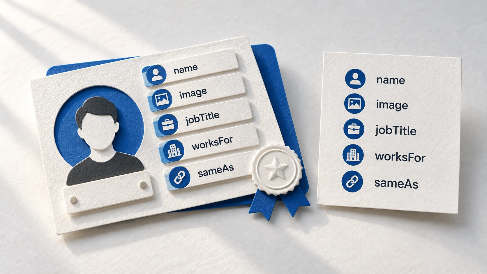 Paper author identity card linked to role, image, credentials, and online profiles.
