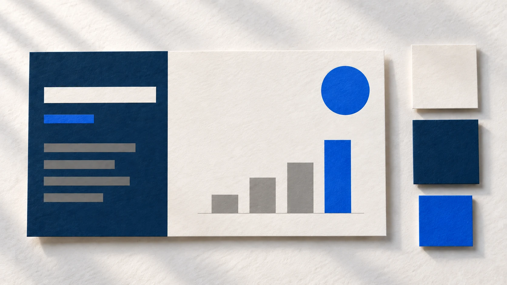 Paper presentation slide with a light background, deep-ink panel, and small cobalt accents.