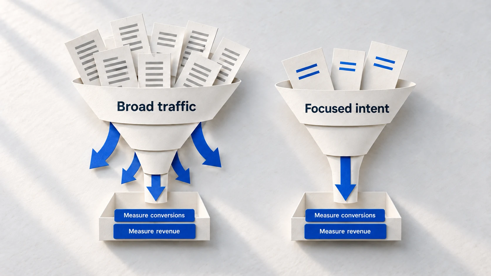 Paper funnels compare broad traffic with focused-intent traffic while leaving conversion and revenue results to be measured.