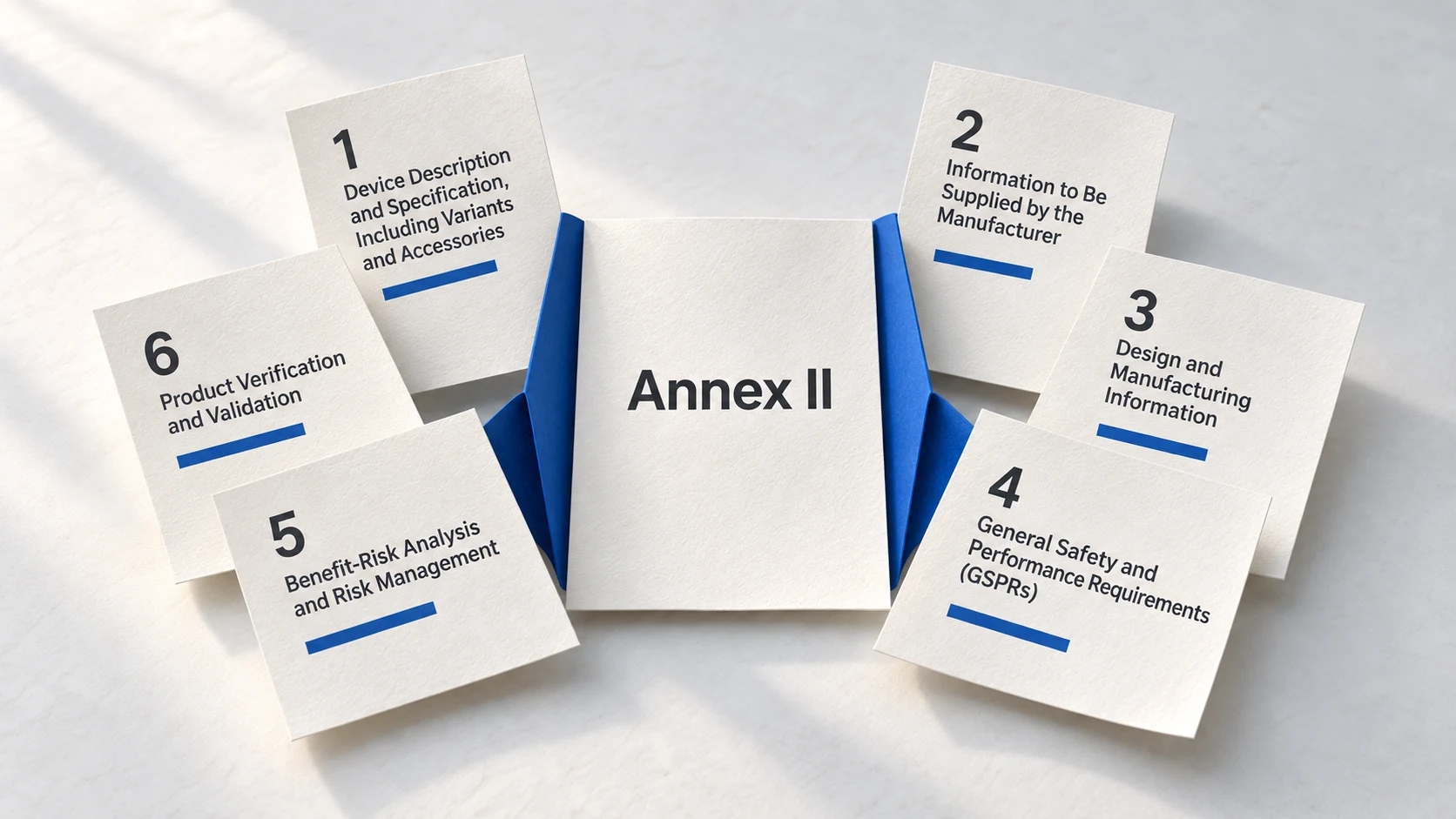 MDR Annex II dossier divided into its six technical-documentation sections.
