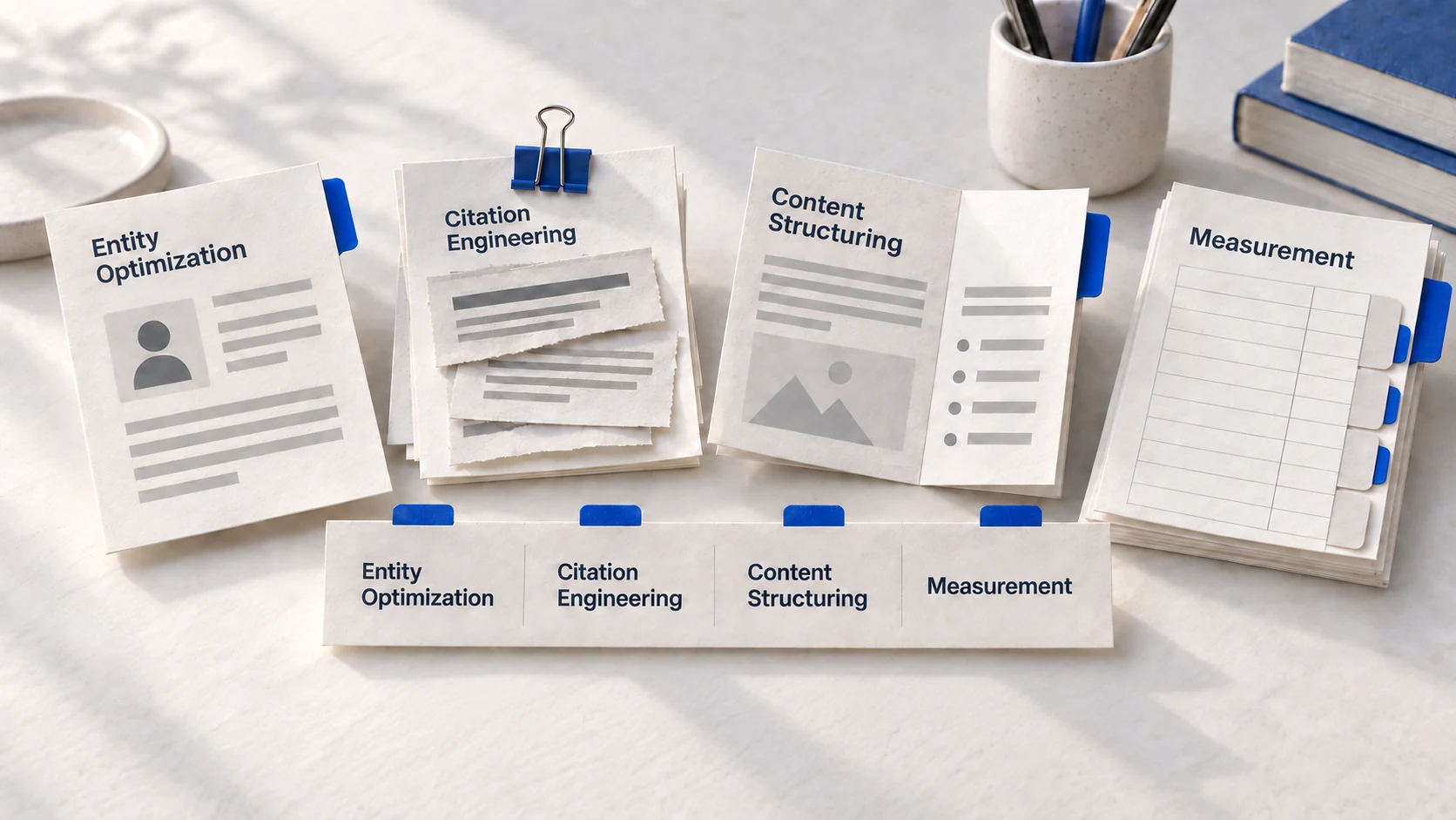 Four paper exercises for the core GEO skills taught to an agency team.