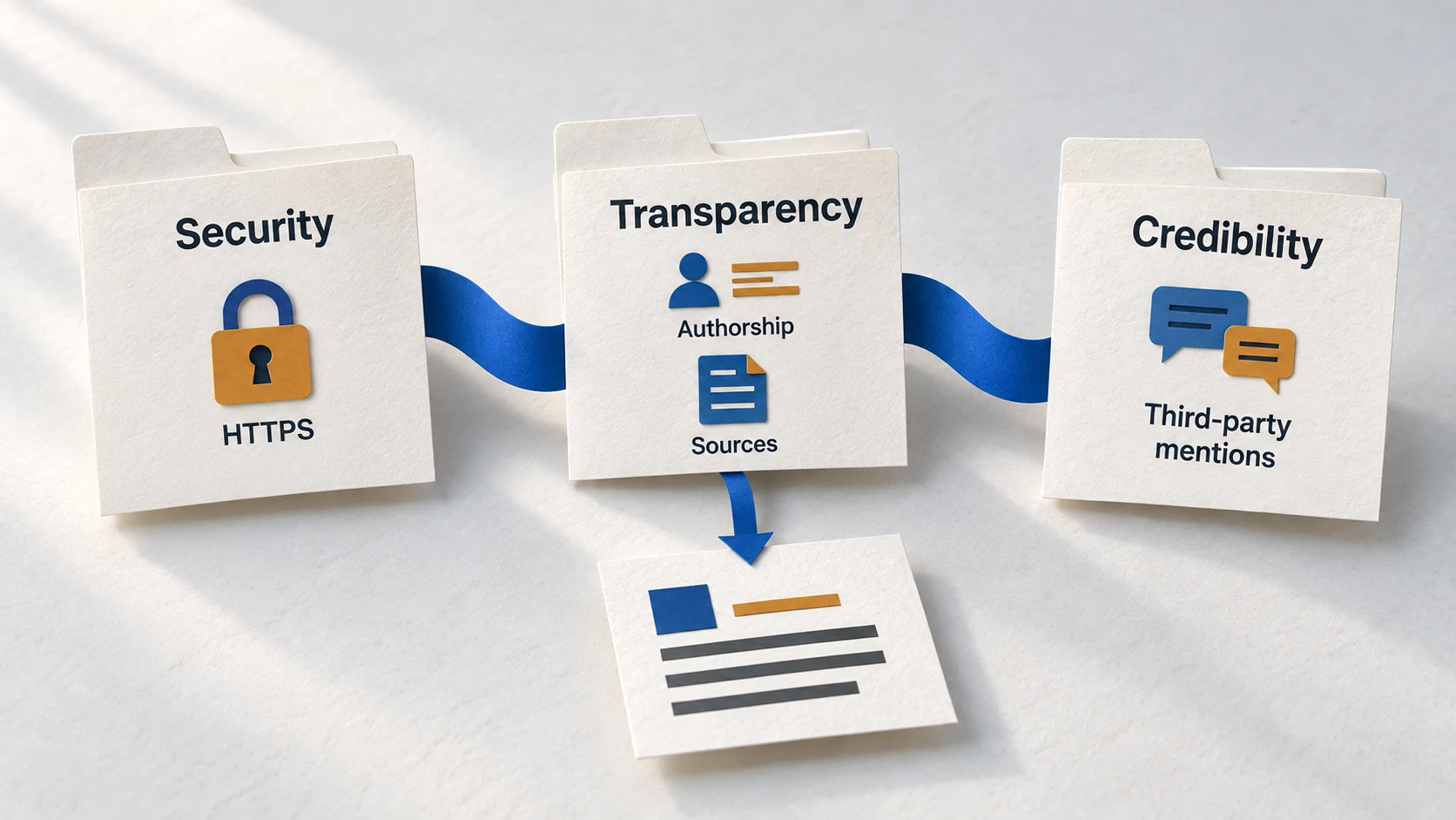Security, transparency and outside corroboration as verifiable site signals.