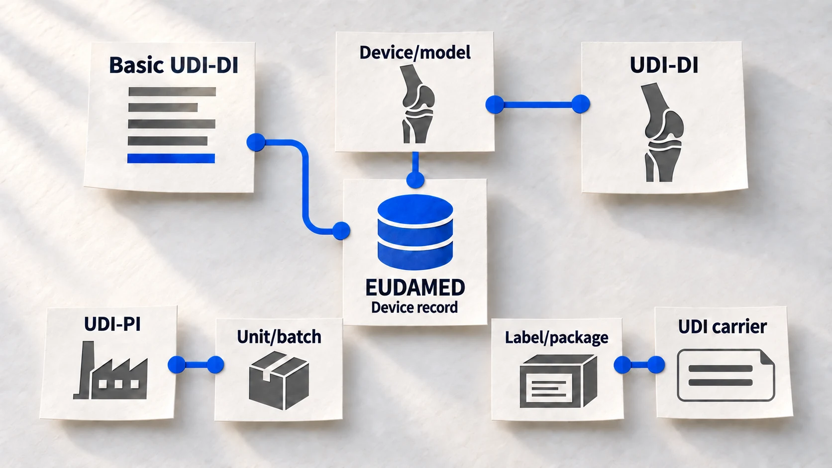Device identifiers connect to an EUDAMED device record, while UDI-PI is paired with a unit or batch and the UDI carrier with a label or package.