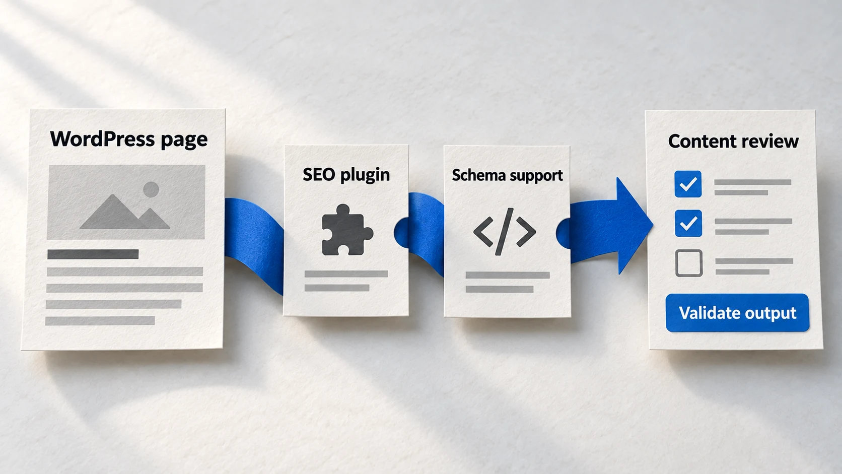 Paper publishing workflow showing a WordPress page passing through SEO and schema support before a human validates the output.