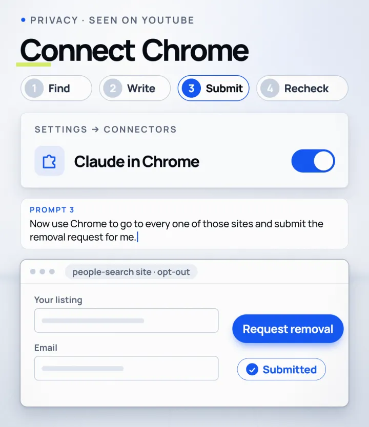 Turn on Claude in Chrome under Connectors, then ask it to submit.