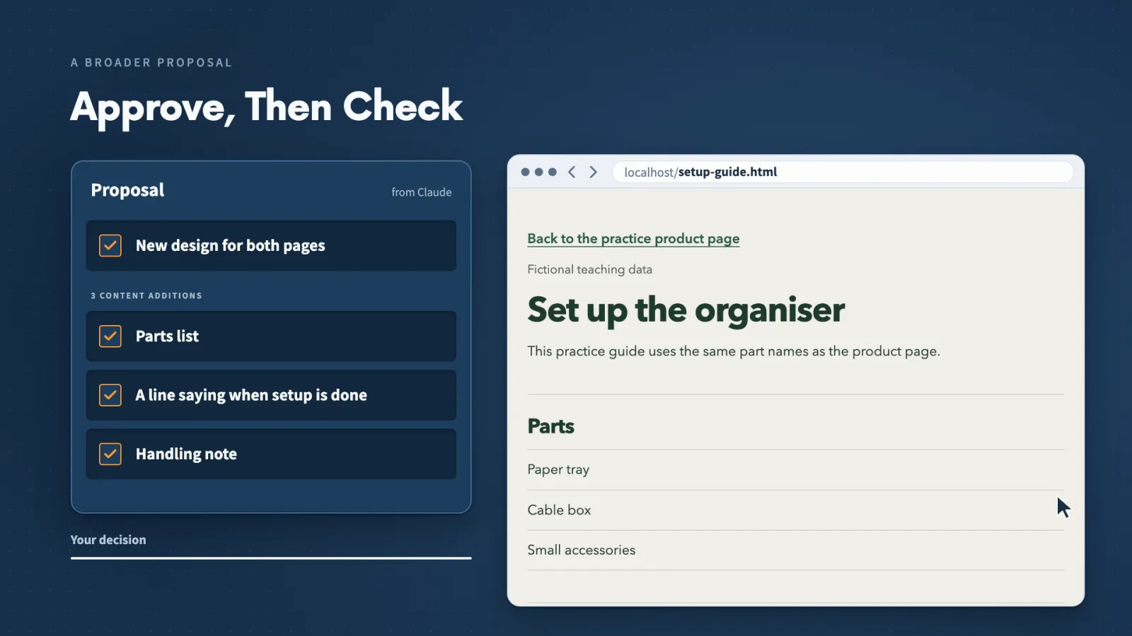 Claude proposed a broader change. I approved the design and 3 additions, then checked the revised guide in the browser.