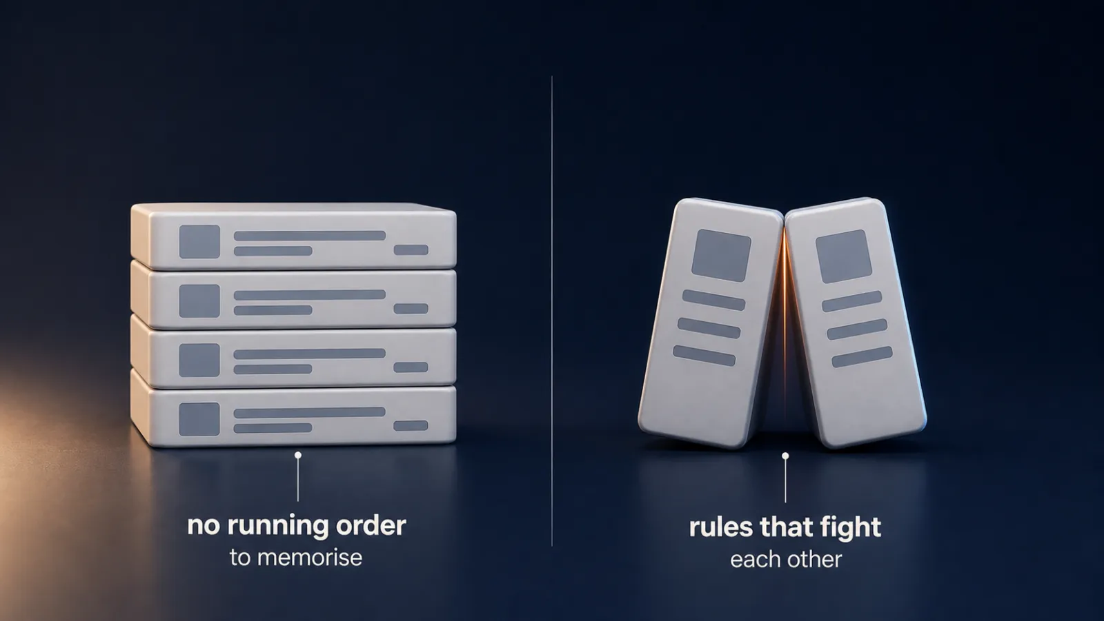 When two rules disagree there is no running order to memorise. Both arrive, and the model decides in the moment.