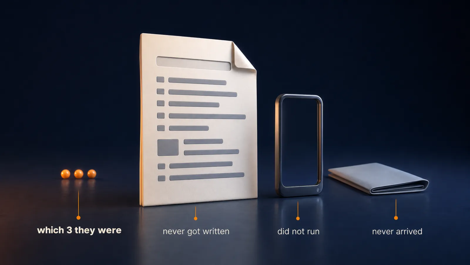 The 3 broken rules out of 50: a comment never written, a check that did not run the second time, and a plan that never arrived.