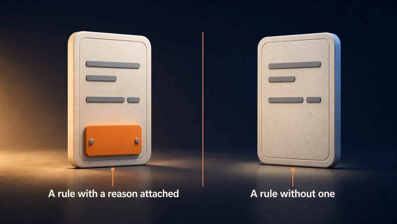 Left: a rule with a reason attached. Right: a rule without one, which only covers the situation you had in mind.