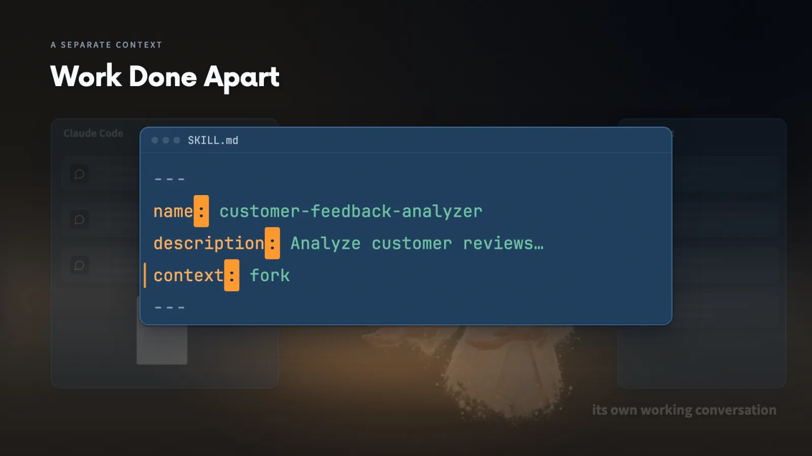 context: fork starts a subagent with its own working conversation. It receives the Skill's instructions as its task and sends its findings back.