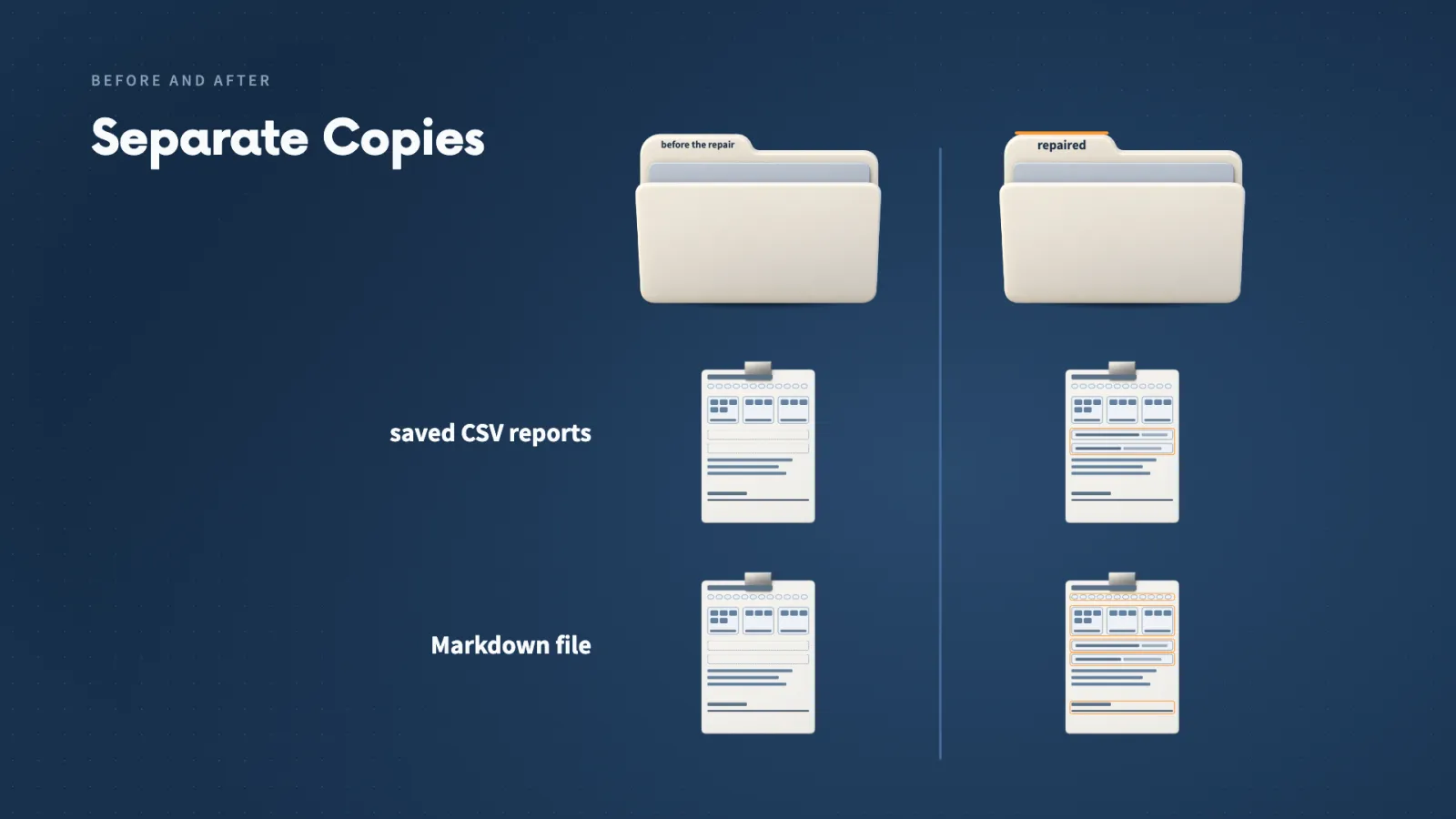 The Skill from before the repair and the repaired Skill kept as separate copies, each with saved CSV and Markdown reports.