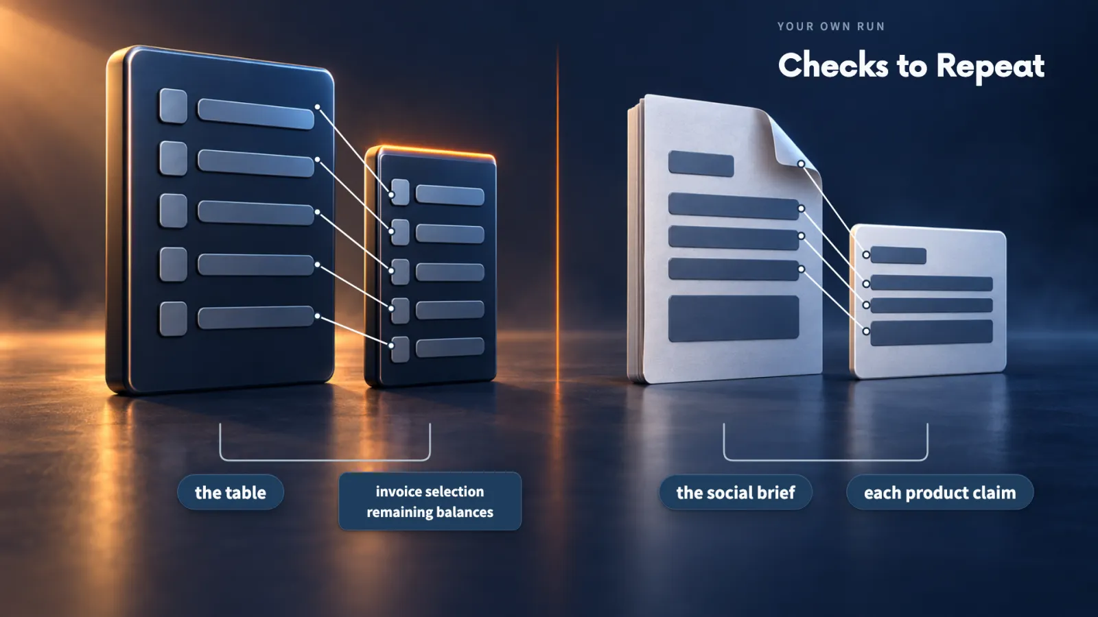 The two checks to repeat in your own run: the invoice selection and balances against the table, and each product claim against the social brief.