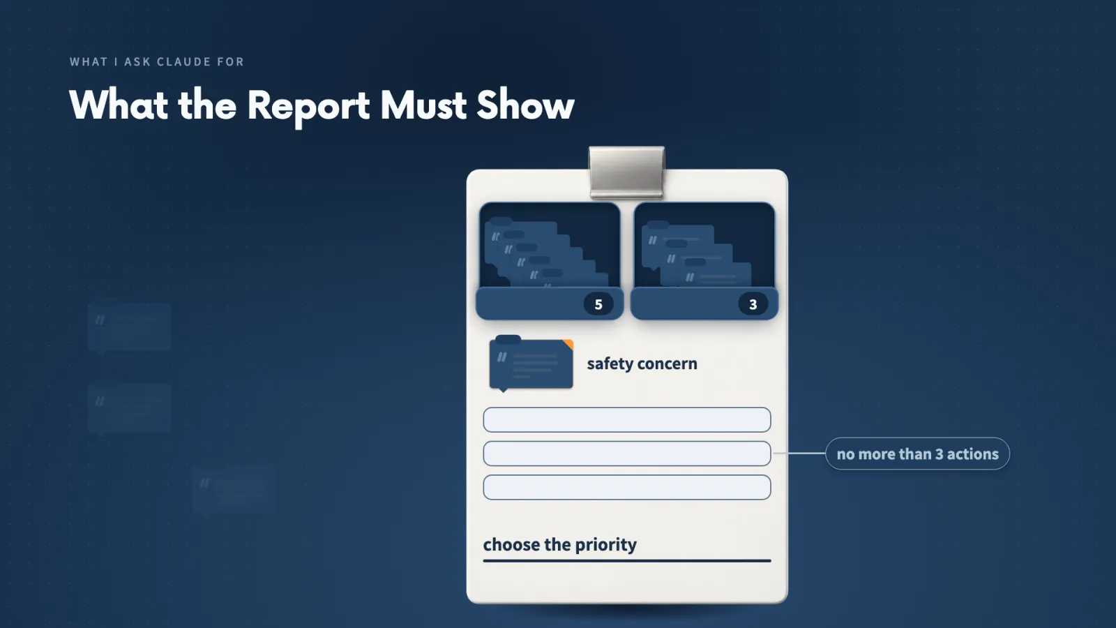 The report must show the themes with the comments behind them, keep a safety concern apart, propose no more than three actions and leave the priority to me.