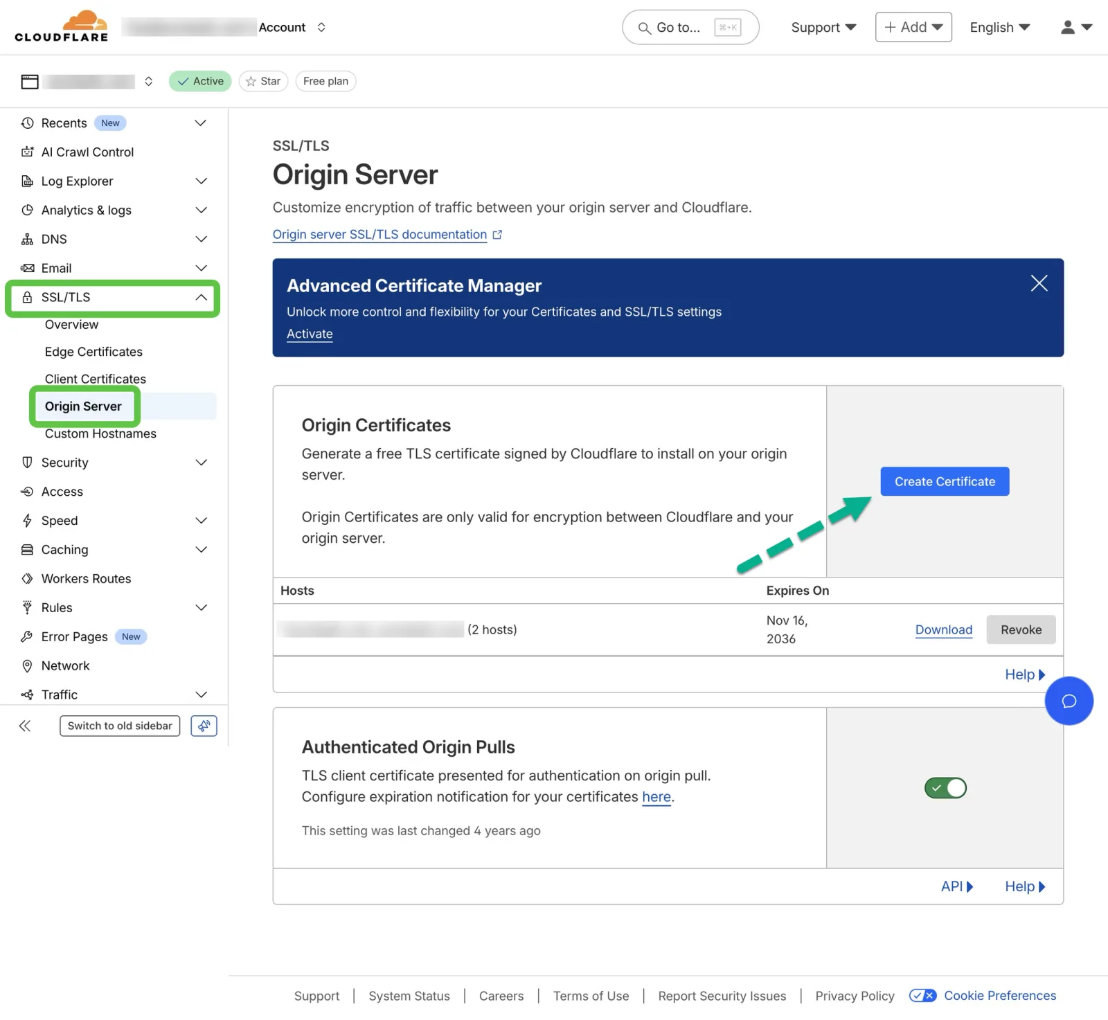 Cloudflare SSL/TLS Origin Server screen with the Create Certificate button