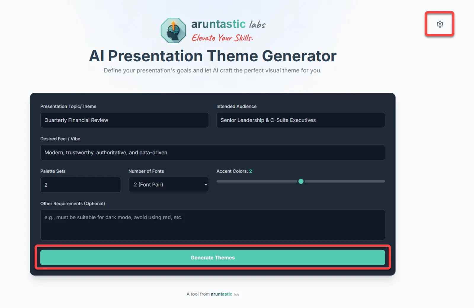 Theme Generator settings panel showing the gear icon and API key field