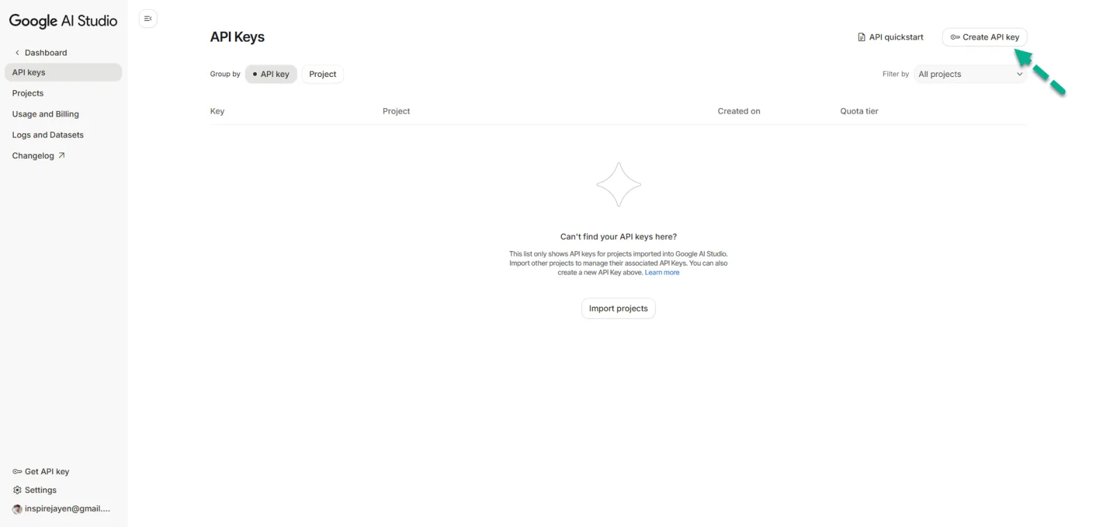 "Create a new key" popup in Google AI Studio