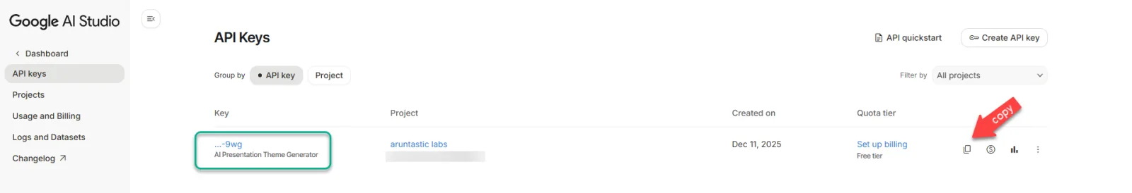 Newly generated Gemini API key displayed in Google AI Studio