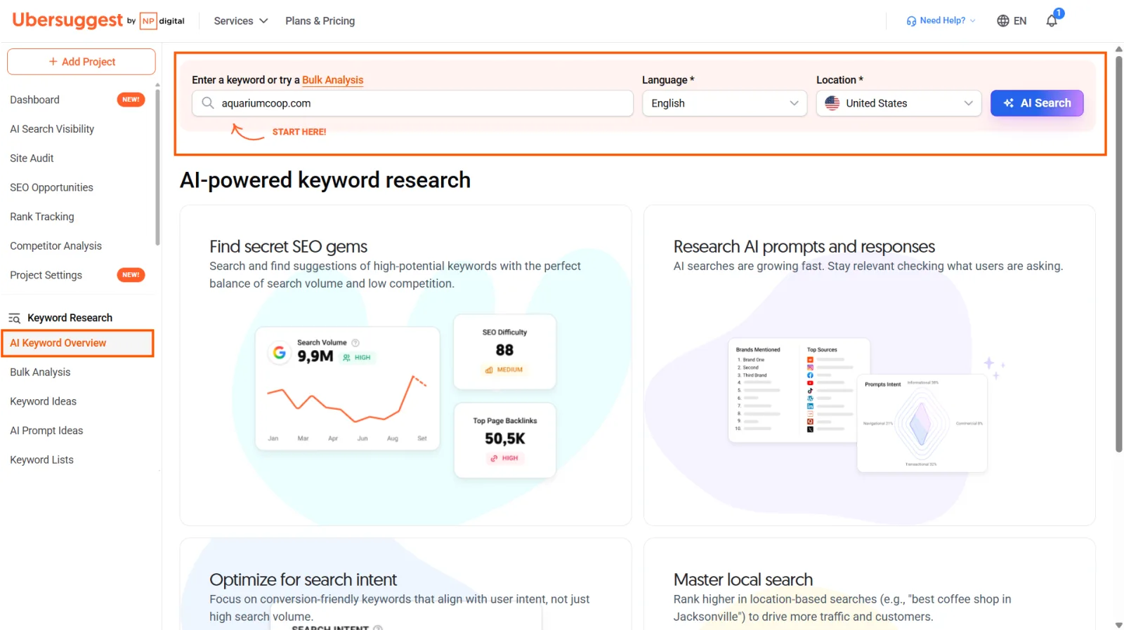 Ubersuggest AI Keyword Overview interface, step 1: sidebar with Keyword Research and AI Keyword Overview highlighted