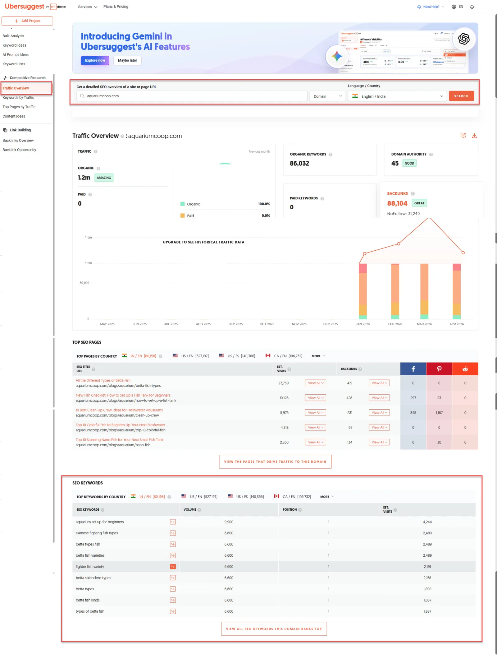 Ubersuggest AI Keyword Overview interface, step 2: competitor domain entered with Language and Location dropdowns and AI Search button
